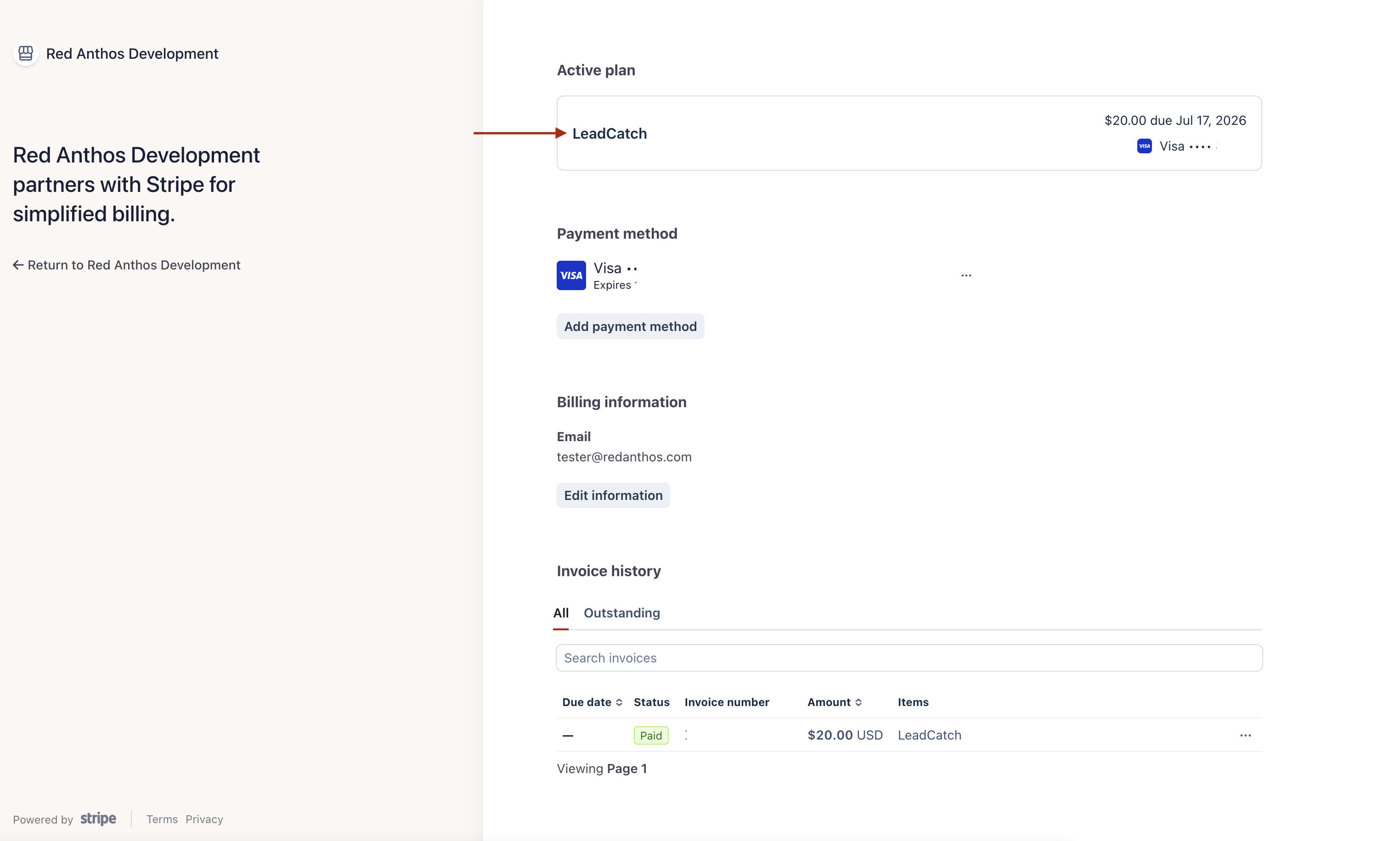 The Stripe billing portal showing the Active plan section with the LeadCatch subscription to click